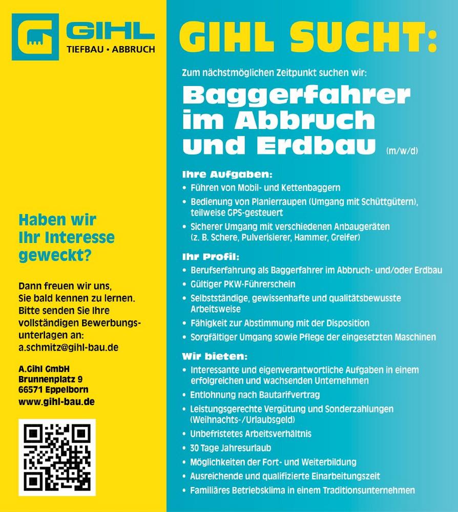 Baggerfahrer im Abbruch und Erdbau (m/w/d) (Vollzeit | Eppelborn)